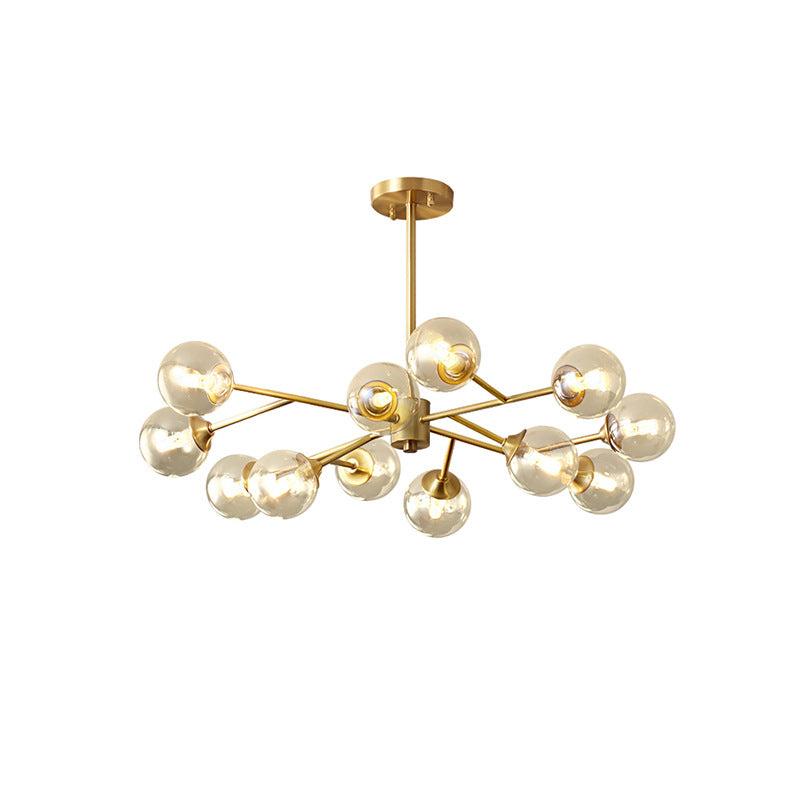 Modern Mid-century Brass Frame Glass Ball Shade 6/9/12/15-Light Chandelier For Living Room