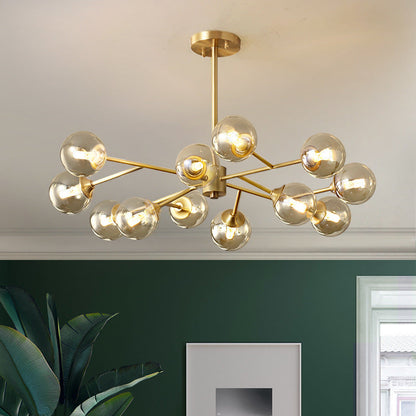 Modern Mid-century Brass Frame Glass Ball Shade 6/9/12/15-Light Chandelier For Living Room