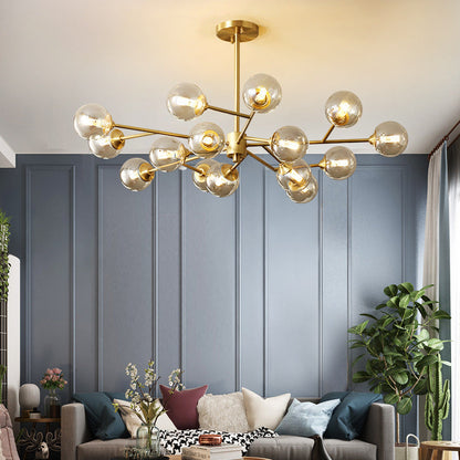 Modern Mid-century Brass Frame Glass Ball Shade 6/9/12/15-Light Chandelier For Living Room