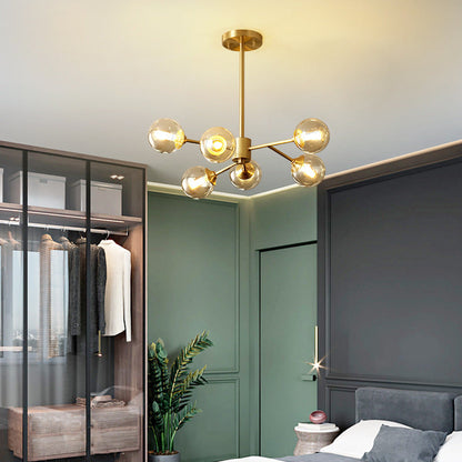 Modern Mid-century Brass Frame Glass Ball Shade 6/9/12/15-Light Chandelier For Living Room