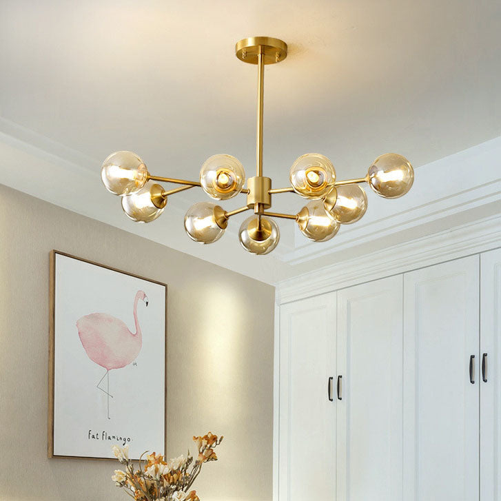 Modern Mid-century Brass Frame Glass Ball Shade 6/9/12/15-Light Chandelier For Living Room