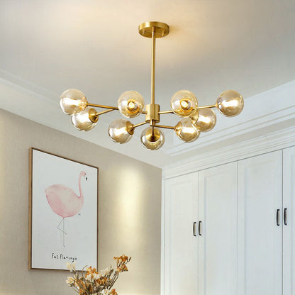Modern Mid-century Brass Frame Glass Ball Shade 6/9/12/15-Light Chandelier For Living Room