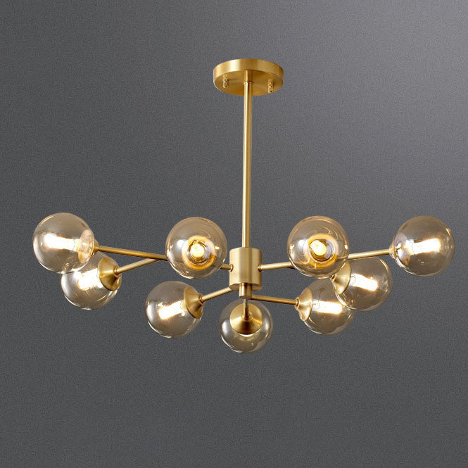 Modern Mid-century Brass Frame Glass Ball Shade 6/9/12/15-Light Chandelier For Living Room