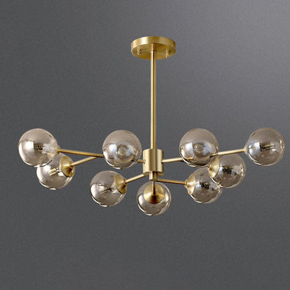 Modern Mid-century Brass Frame Glass Ball Shade 6/9/12/15-Light Chandelier For Living Room
