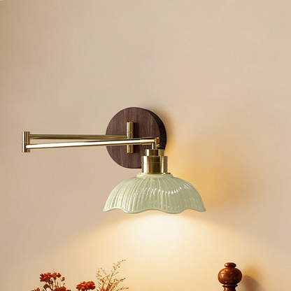 Traditional Vintage Ceramic Iron Flower Bud Wave Round 1 Light Wall Sconce Lamp For Living Room