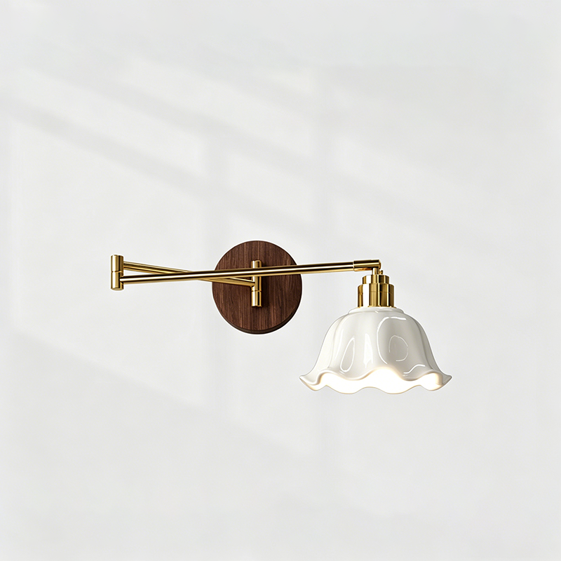 Traditional Vintage Ceramic Iron Flower Bud Wave Round 1 Light Wall Sconce Lamp For Living Room