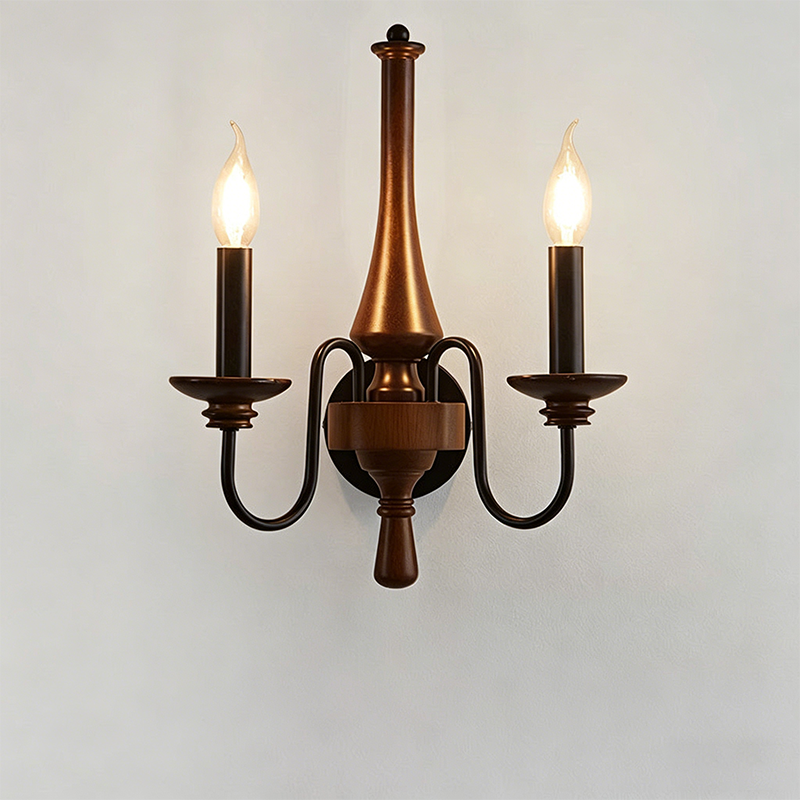 Traditional French Iron Solid Wood Curved Round Candle 1/2 Light Wall Sconce Lamp For Living Room
