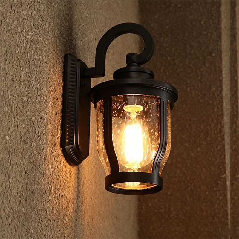 Traditional Vintage Aluminum Glass Curved Round 1-Light Wall Sconce Lamp For Outdoor