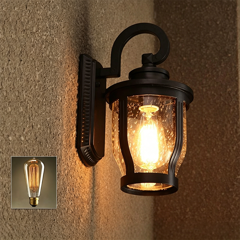 Traditional Vintage Aluminum Glass Curved Round 1-Light Wall Sconce Lamp For Outdoor