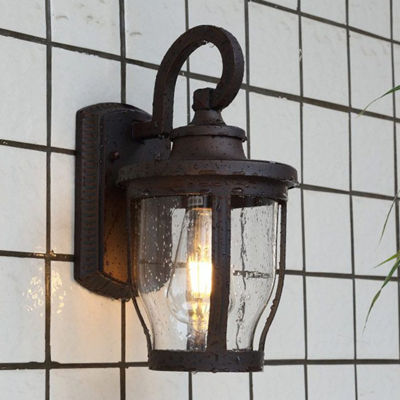 Traditional Vintage Aluminum Glass Curved Round 1-Light Wall Sconce Lamp For Outdoor