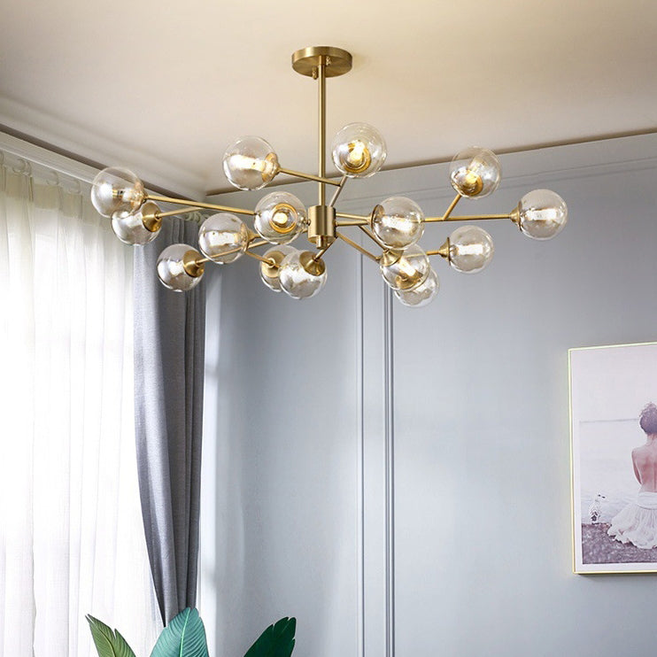 Modern Mid-century Brass Frame Glass Ball Shade 6/9/12/15-Light Chandelier For Living Room