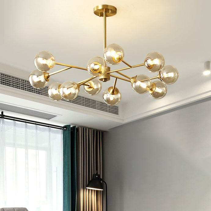 Modern Mid-century Brass Frame Glass Ball Shade 6/9/12/15-Light Chandelier For Living Room
