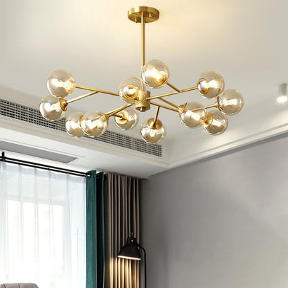 Modern Mid-century Brass Frame Glass Ball Shade 6/9/12/15-Light Chandelier For Living Room