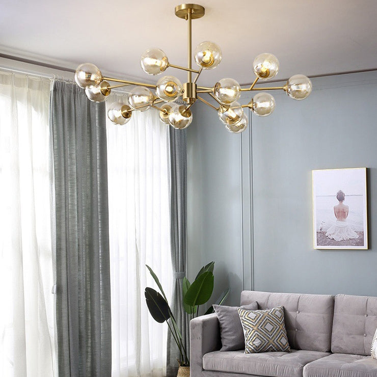 Modern Mid-century Brass Frame Glass Ball Shade 6/9/12/15-Light Chandelier For Living Room