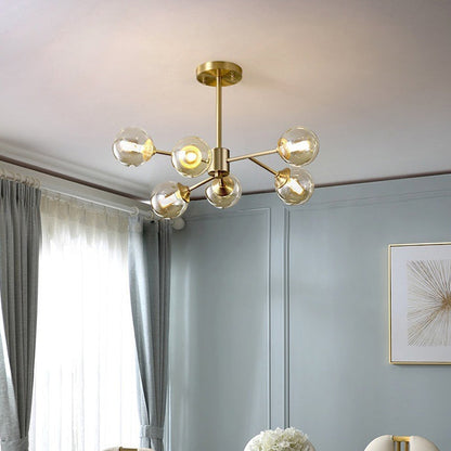 Modern Mid-century Brass Frame Glass Ball Shade 6/9/12/15-Light Chandelier For Living Room