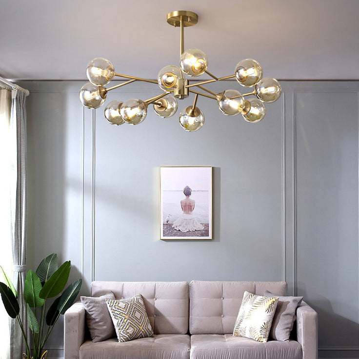 Modern Mid-century Brass Frame Glass Ball Shade 6/9/12/15-Light Chandelier For Living Room