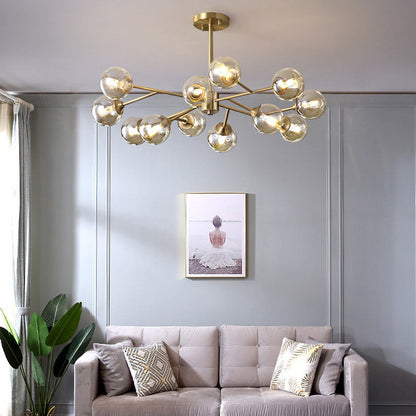 Modern Mid-century Brass Frame Glass Ball Shade 6/9/12/15-Light Chandelier For Living Room