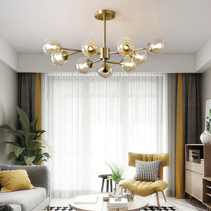 Modern Mid-century Brass Frame Glass Ball Shade 6/9/12/15-Light Chandelier For Living Room