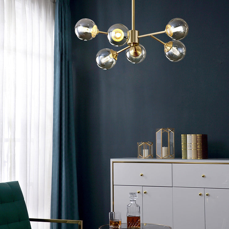 Modern Mid-century Brass Frame Glass Ball Shade 6/9/12/15-Light Chandelier For Living Room