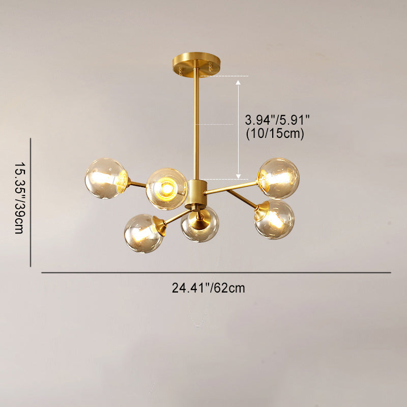 Modern Mid-century Brass Frame Glass Ball Shade 6/9/12/15-Light Chandelier For Living Room