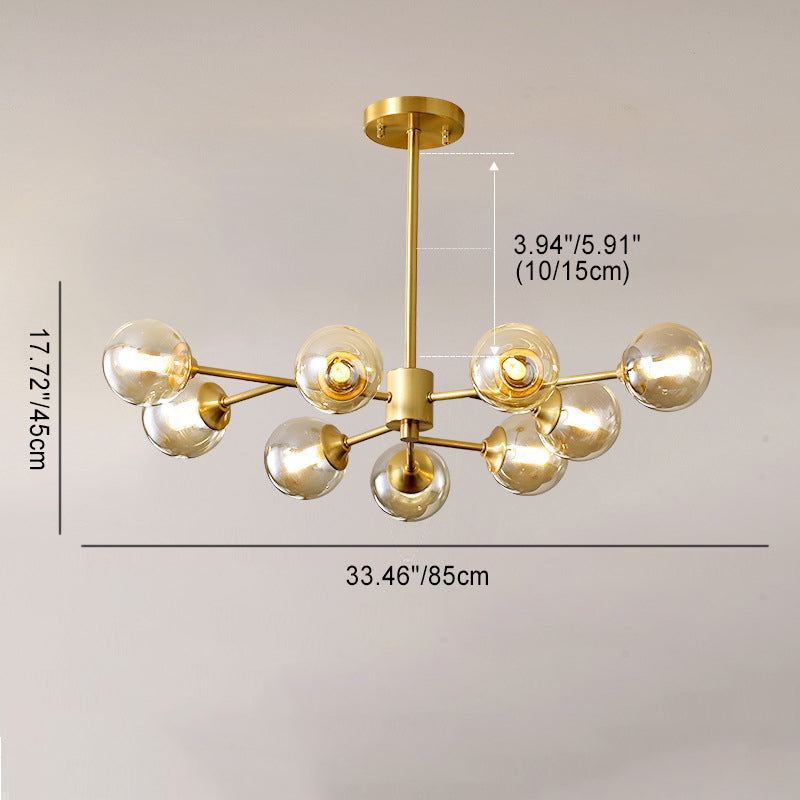 Modern Mid-century Brass Frame Glass Ball Shade 6/9/12/15-Light Chandelier For Living Room