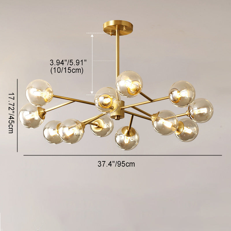 Modern Mid-century Brass Frame Glass Ball Shade 6/9/12/15-Light Chandelier For Living Room