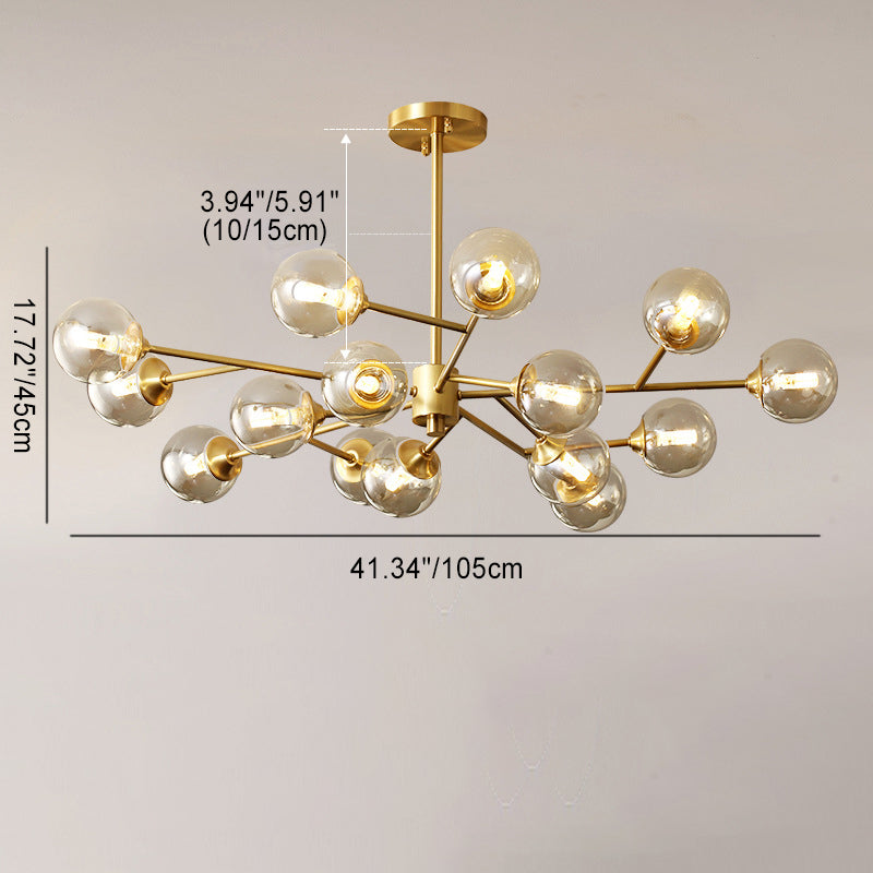 Modern Mid-century Brass Frame Glass Ball Shade 6/9/12/15-Light Chandelier For Living Room