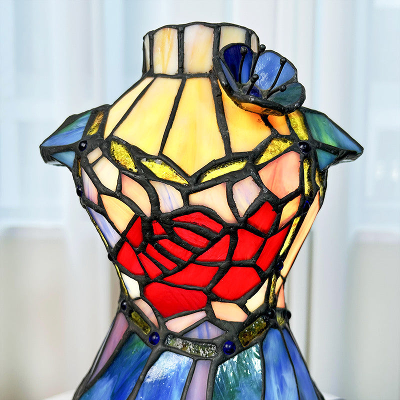 Traditional Tiffany Dress Shape Iron Glass 1-Light Table Lamp For Bedroom