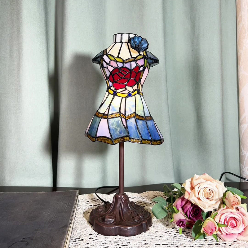 Traditional Tiffany Dress Shape Iron Glass 1-Light Table Lamp For Bedroom