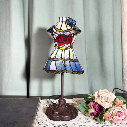 Traditional Tiffany Dress Shape Iron Glass 1-Light Table Lamp For Bedroom