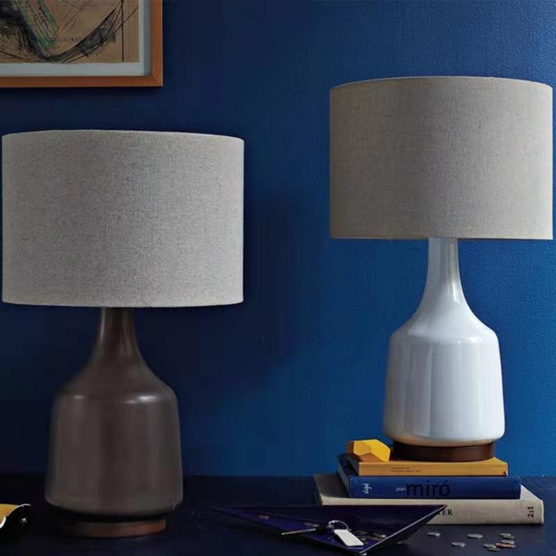 Contemporary Scandinavian Cylindrical Linen Fabric Ceramic 1-Light Table Lamp For Bedroom