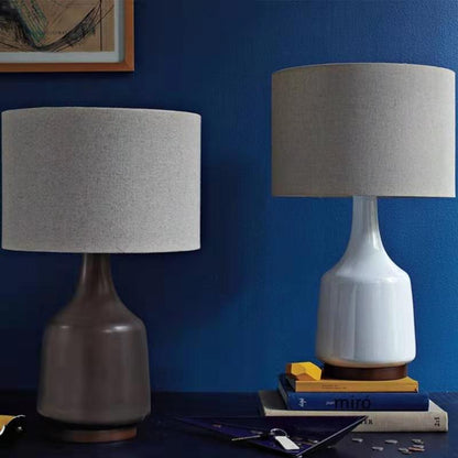 Contemporary Scandinavian Cylindrical Linen Fabric Ceramic 1-Light Table Lamp For Bedroom