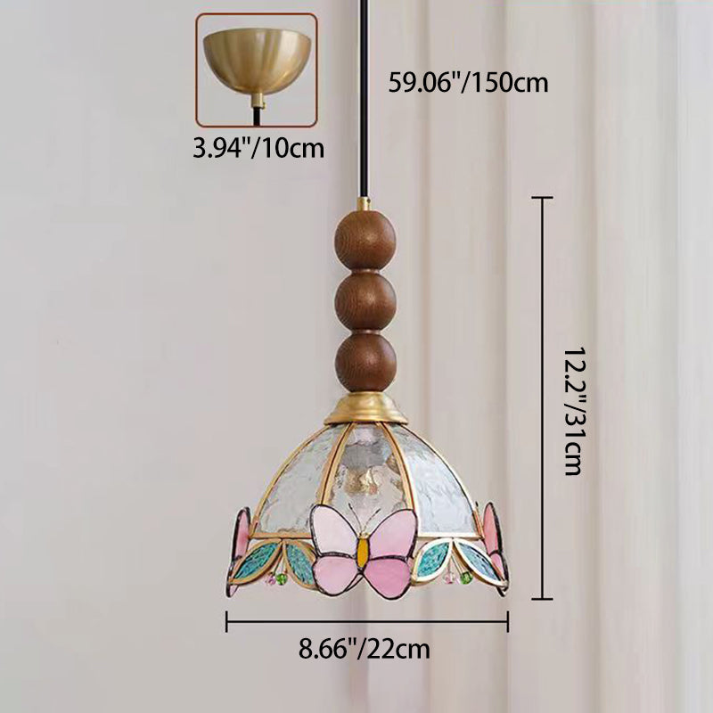 Traditional French Half Round Butterfly Shape Ash Wood Brass Stained Glass 1-Light Pendant Light For Living Room