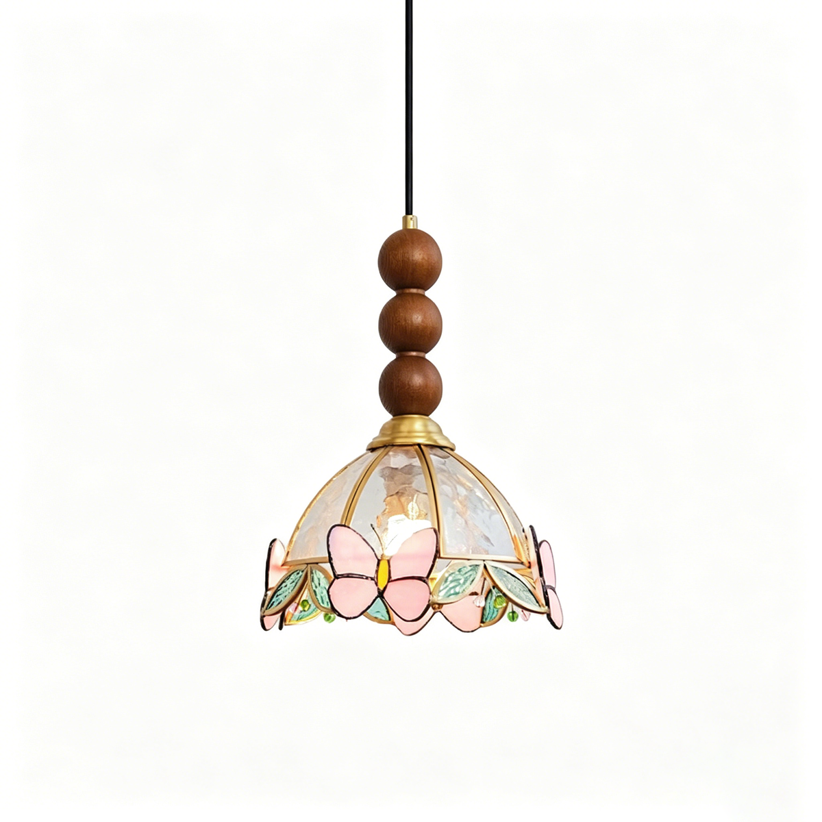 Traditional French Half Round Butterfly Shape Ash Wood Brass Stained Glass 1-Light Pendant Light For Living Room