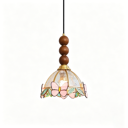 Traditional French Half Round Butterfly Shape Ash Wood Brass Stained Glass 1-Light Pendant Light For Living Room