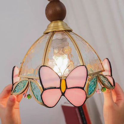 Traditional French Half Round Butterfly Shape Ash Wood Brass Stained Glass 1-Light Pendant Light For Living Room
