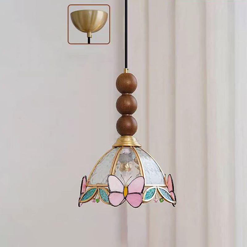 Traditional French Half Round Butterfly Shape Ash Wood Brass Stained Glass 1-Light Pendant Light For Living Room