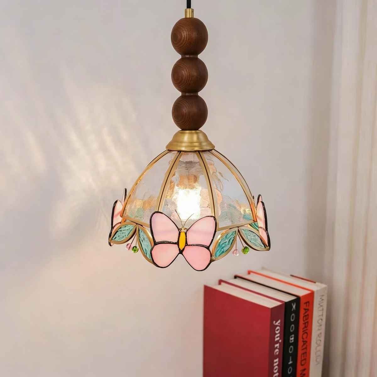 Traditional French Half Round Butterfly Shape Ash Wood Brass Stained Glass 1-Light Pendant Light For Living Room