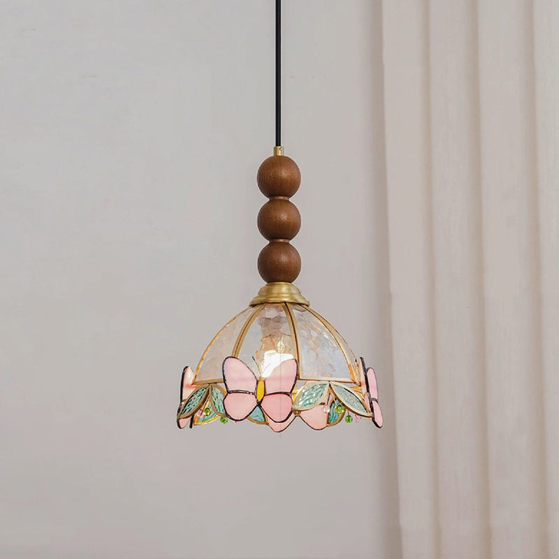 Traditional French Half Round Butterfly Shape Ash Wood Brass Stained Glass 1-Light Pendant Light For Living Room