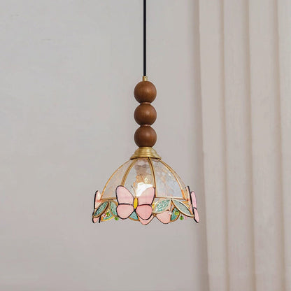 Traditional French Half Round Butterfly Shape Ash Wood Brass Stained Glass 1-Light Pendant Light For Living Room