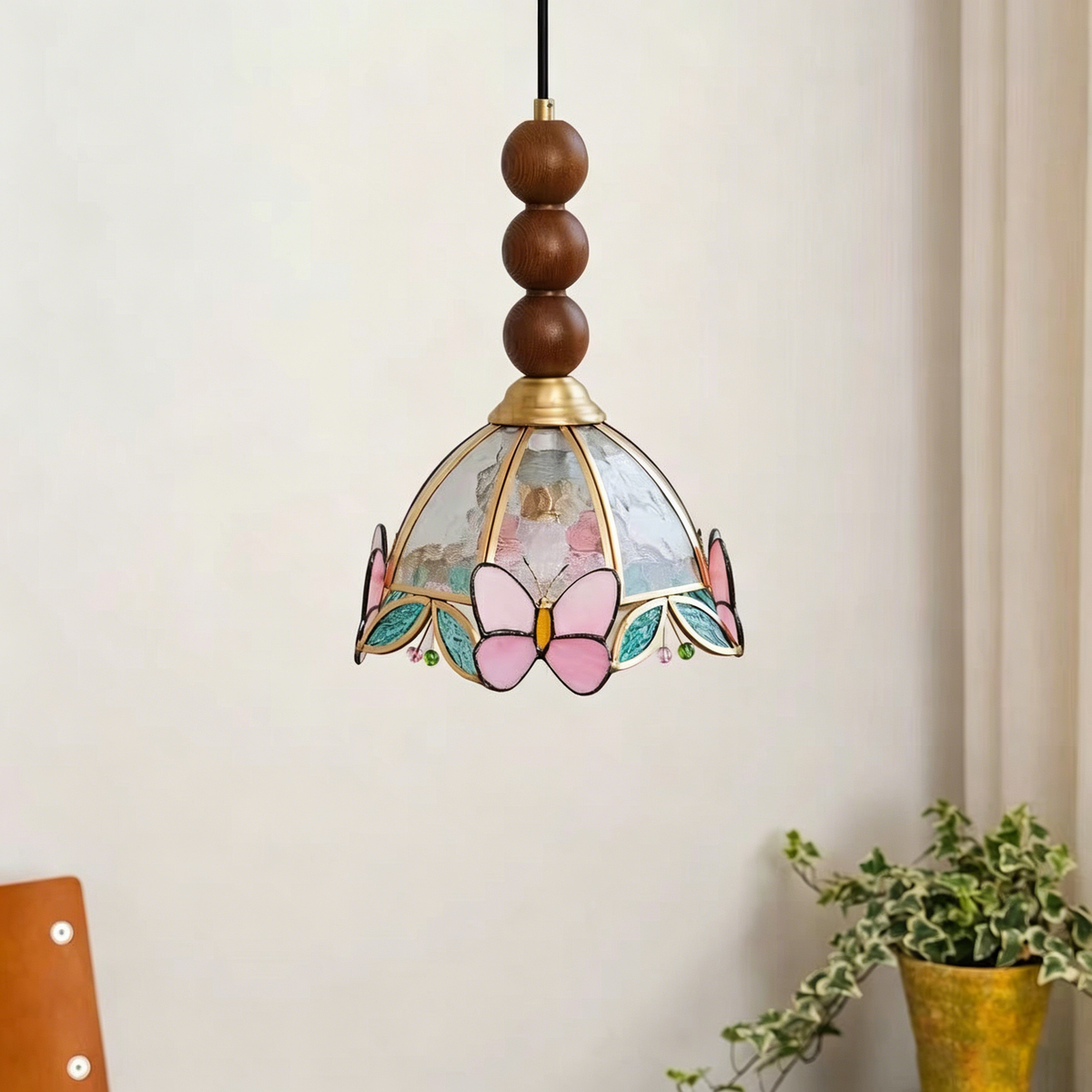 Traditional French Half Round Butterfly Shape Ash Wood Brass Stained Glass 1-Light Pendant Light For Living Room