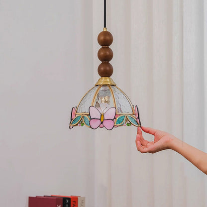 Traditional French Half Round Butterfly Shape Ash Wood Brass Stained Glass 1-Light Pendant Light For Living Room