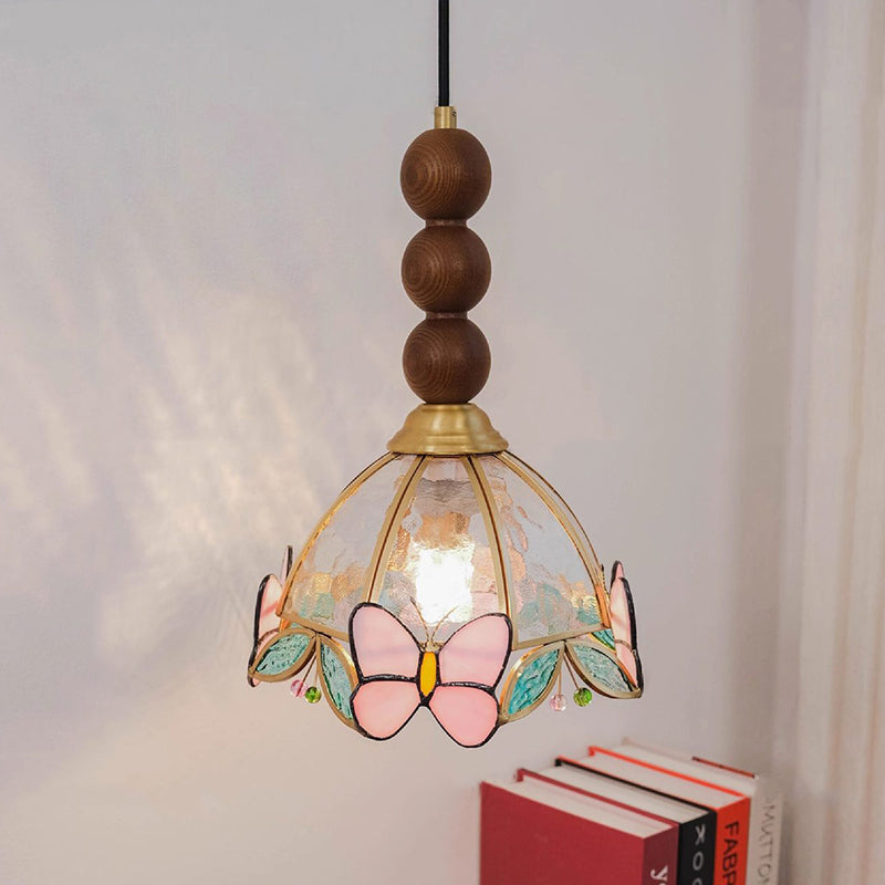 Traditional French Half Round Butterfly Shape Ash Wood Brass Stained Glass 1-Light Pendant Light For Living Room