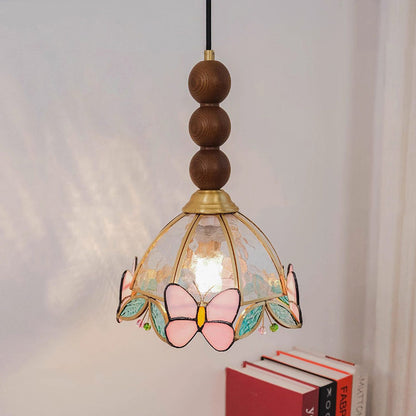 Traditional French Half Round Butterfly Shape Ash Wood Brass Stained Glass 1-Light Pendant Light For Living Room
