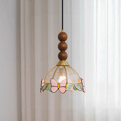 Traditional French Half Round Butterfly Shape Ash Wood Brass Stained Glass 1-Light Pendant Light For Living Room