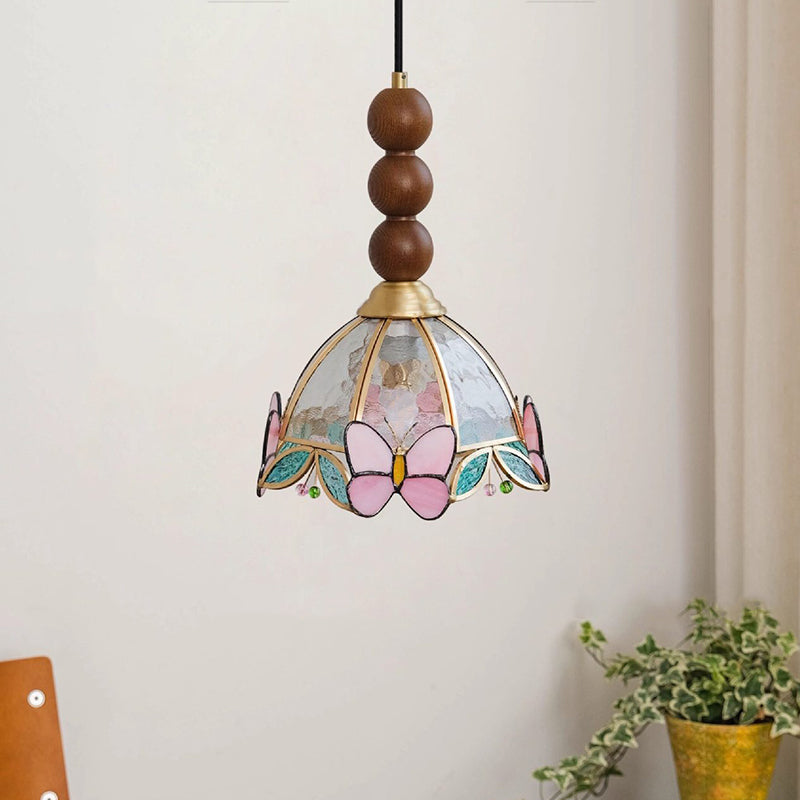 Traditional French Half Round Butterfly Shape Ash Wood Brass Stained Glass 1-Light Pendant Light For Living Room