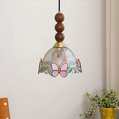 Traditional French Half Round Butterfly Shape Ash Wood Brass Stained Glass 1-Light Pendant Light For Living Room
