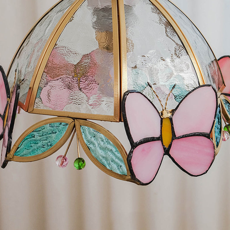 Traditional French Half Round Butterfly Shape Ash Wood Brass Stained Glass 1-Light Pendant Light For Living Room