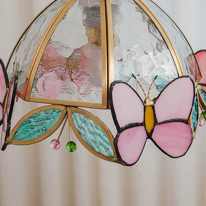 Traditional French Half Round Butterfly Shape Ash Wood Brass Stained Glass 1-Light Pendant Light For Living Room