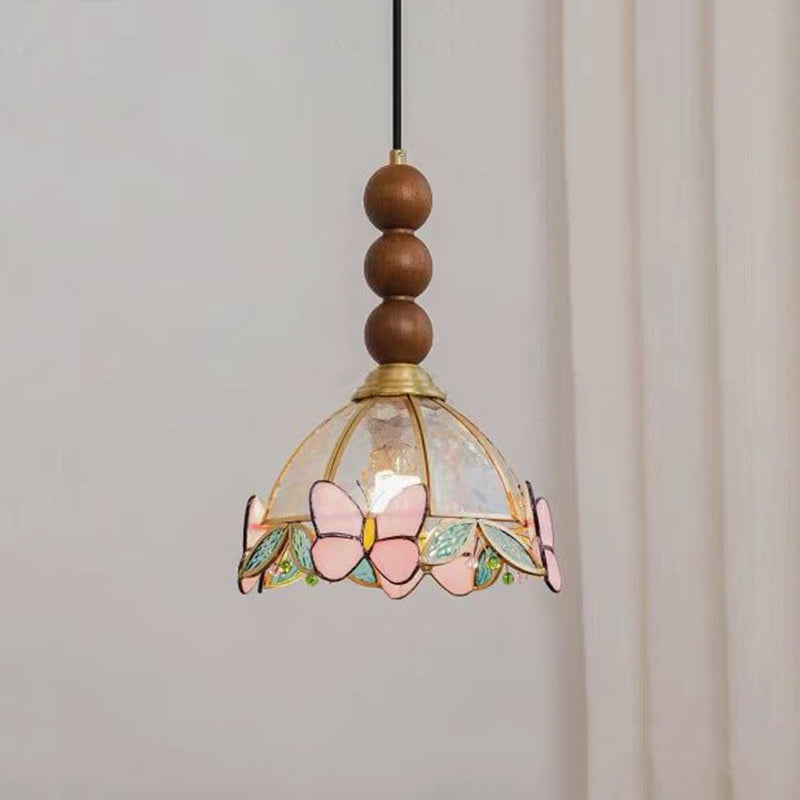 Traditional French Half Round Butterfly Shape Ash Wood Brass Stained Glass 1-Light Pendant Light For Living Room